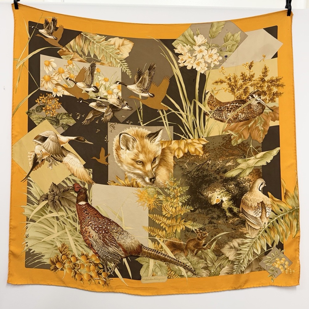 Salvatore Ferragamo 100% Silk Scarf Fox Pheasant Ducks Birds Needs TLC